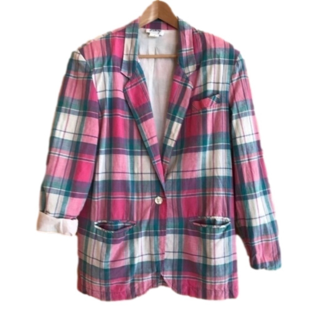 Vintage F Shay pink green plaid boyfriend blazer plus size 14
